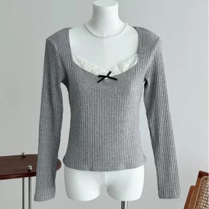 Y2K Aesthetic Square Collar Knit Long Sleeve T-Shirt - Autumn Women Korean Fashion - Mori Girl Gyaru Lace