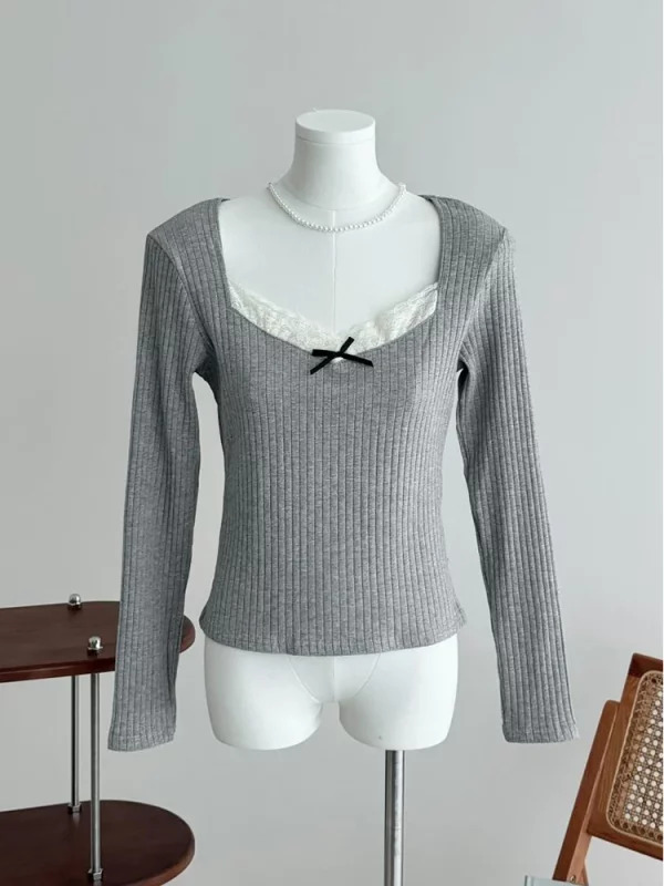 Y2K Aesthetic Square Collar Knit Long Sleeve T-Shirt - Autumn Women Korean Fashion - Mori Girl Gyaru Lace