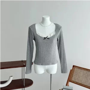 Y2K Aesthetic Square Collar Knit Long Sleeve T-Shirt - Autumn Women Korean Fashion - Mori Girl Gyaru Lace