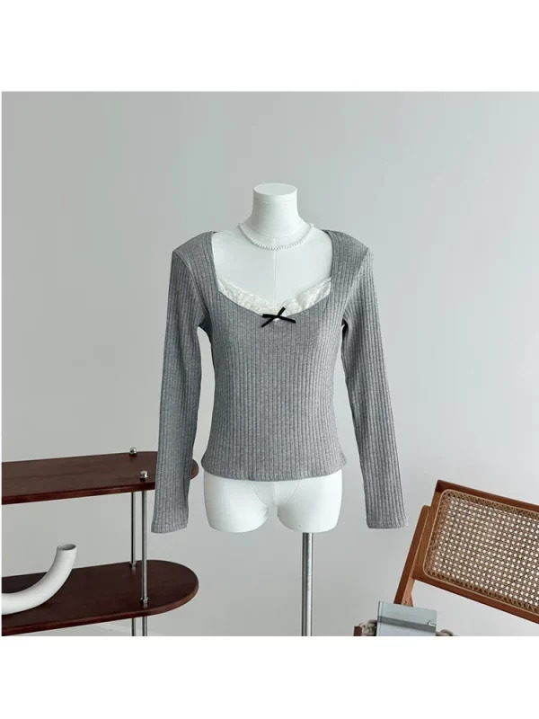 Y2K Aesthetic Square Collar Knit Long Sleeve T-Shirt - Autumn Women Korean Fashion - Mori Girl Gyaru Lace