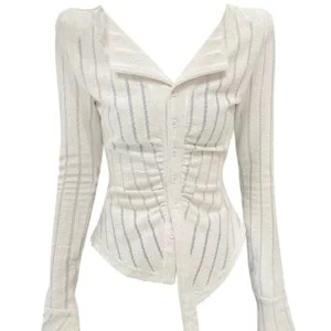 Y2K Aesthetic Striped Cardigan: Vintage Korean Fashion Cropped Top with Single-Breasted Knitwear Design