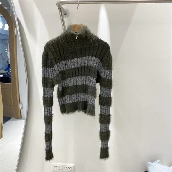 Y2K Aesthetic Striped Cropped Sweater - Vintage Designer Maillard Fluffy Knitwear