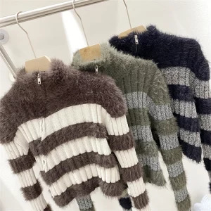 Y2K Aesthetic Striped Cropped Sweater - Vintage Designer Maillard Fluffy Knitwear