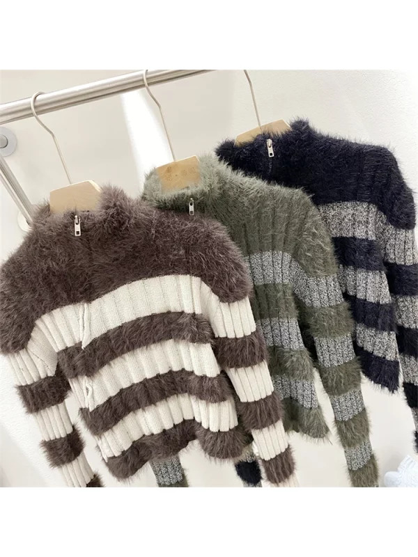 Y2K Aesthetic Striped Cropped Sweater - Vintage Designer Maillard Fluffy Knitwear