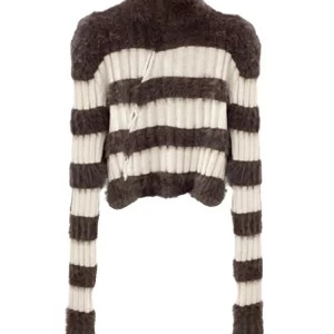 Y2K Aesthetic Striped Cropped Sweater - Vintage Designer Maillard Fluffy Knitwear