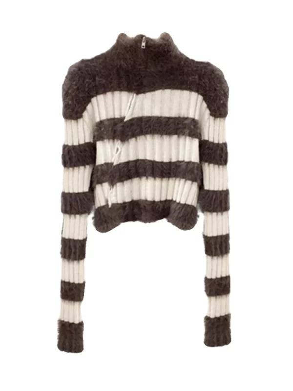 Y2K Aesthetic Striped Cropped Sweater - Vintage Designer Maillard Fluffy Knitwear