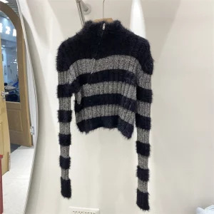 Y2K Aesthetic Striped Cropped Sweater - Vintage Designer Maillard Fluffy Knitwear