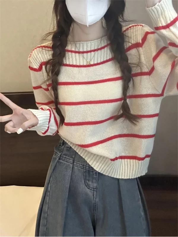 Y2K Aesthetic Striped Jumper - Vintage Korean Fashion for Women