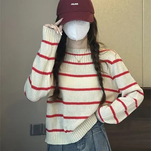 Y2K Aesthetic Striped Jumper - Vintage Korean Fashion for Women