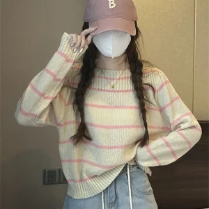 Y2K Aesthetic Striped Jumper - Vintage Korean Fashion for Women