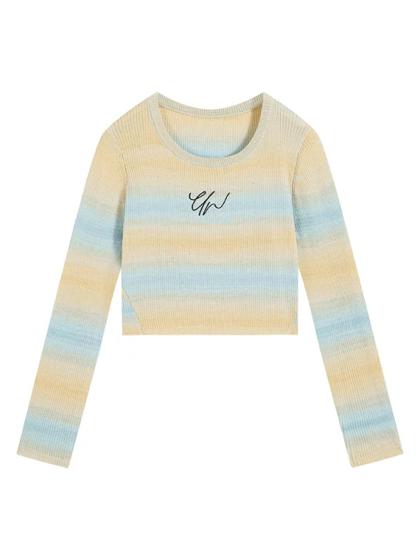 Y2K Aesthetic Striped O-Neck Jumper - Embroidered Long Sleeve Cropped Sweater