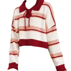 Y2K Aesthetic Striped Polo Collar Jumper - Long Sleeve Knitwear