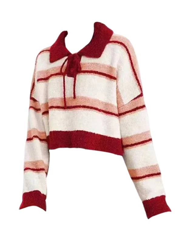 Y2K Aesthetic Striped Polo Collar Jumper - Long Sleeve Knitwear