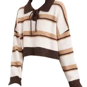 Y2K Aesthetic Striped Polo Collar Jumper - Long Sleeve Knitwear