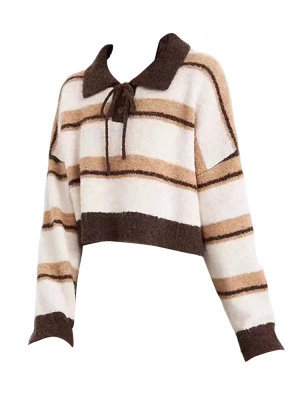 Y2K Aesthetic Striped Polo Collar Jumper - Long Sleeve Knitwear