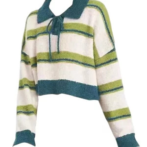 Y2K Aesthetic Striped Polo Collar Jumper - Long Sleeve Knitwear