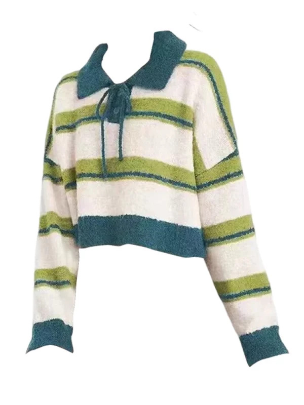 Y2K Aesthetic Striped Polo Collar Jumper - Long Sleeve Knitwear