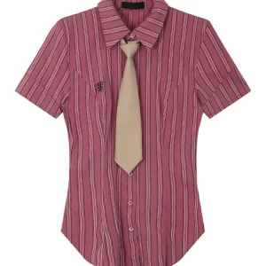 Y2K Aesthetic Striped Tie-Front Blouse - Preppy Style Vintage JK Top