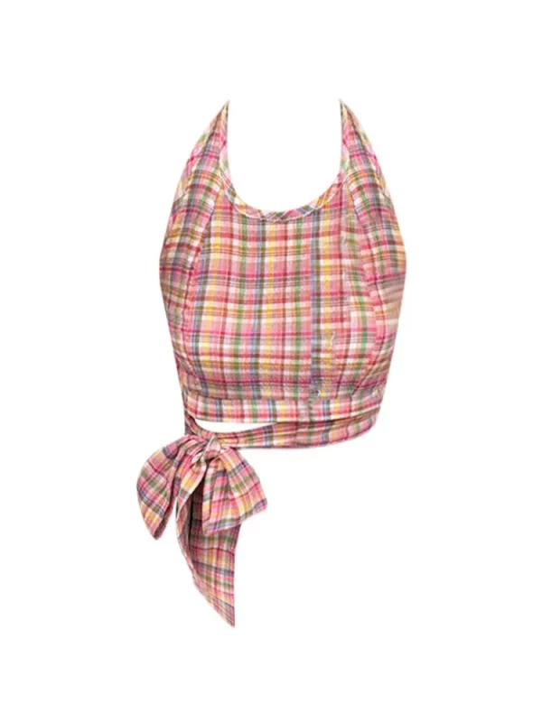 Y2K Aesthetic Tank Top: Plaid Halter Design - Coquette Gyaru Vintage - Cute Sexy Mori Girl French