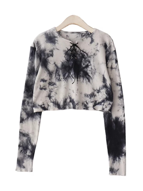 Y2K Aesthetic Tie Dye Crop Top - Vintage Harajuku Style with Lace-Up Detail