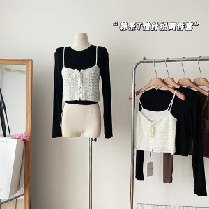 Y2K Aesthetic Two-Piece Set: Crop Top & Knit Camisole - Vintage Korean Fashion