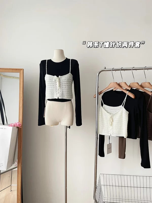 Y2K Aesthetic Two-Piece Set: Crop Top & Knit Camisole - Vintage Korean Fashion