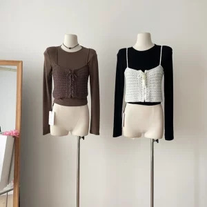 Y2K Aesthetic Two-Piece Set: Crop Top & Knit Camisole - Vintage Korean Fashion