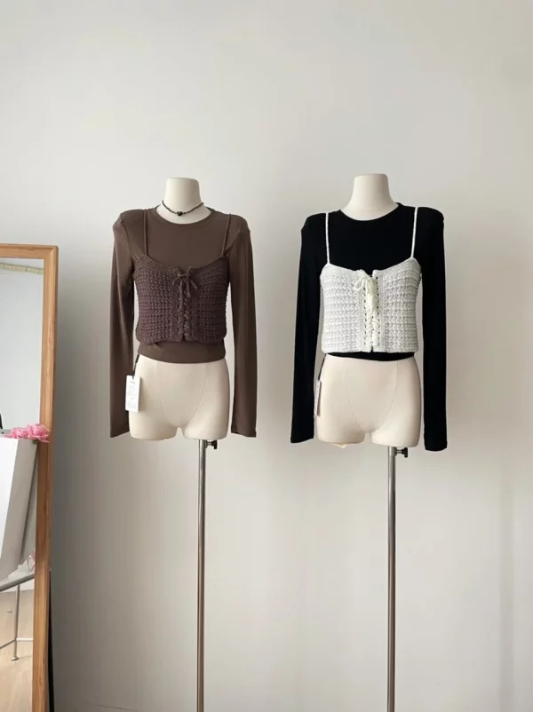 Y2K Aesthetic Two-Piece Set: Crop Top & Knit Camisole - Vintage Korean Fashion