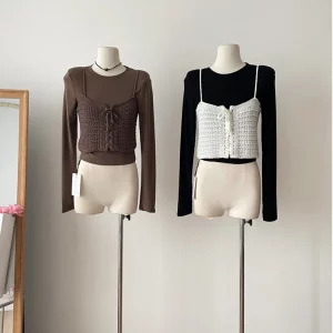 Y2K Aesthetic Two-Piece Set: Crop Top & Knit Camisole - Vintage Korean Fashion