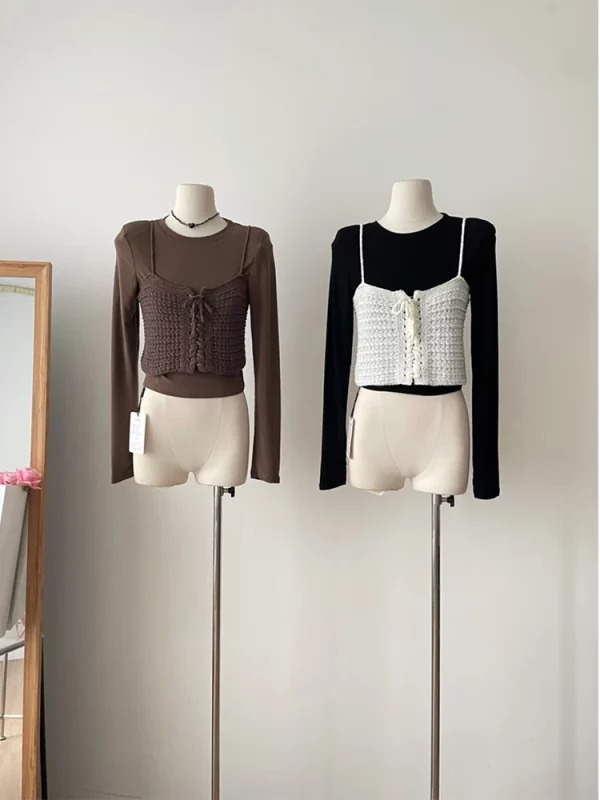 Y2K Aesthetic Two-Piece Set: Crop Top & Knit Camisole - Vintage Korean Fashion