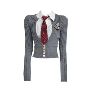 Y2K Aesthetic Two-Piece Set: Korean Fashion Blouse and Cardigan with Tie - Grunge, Retro,