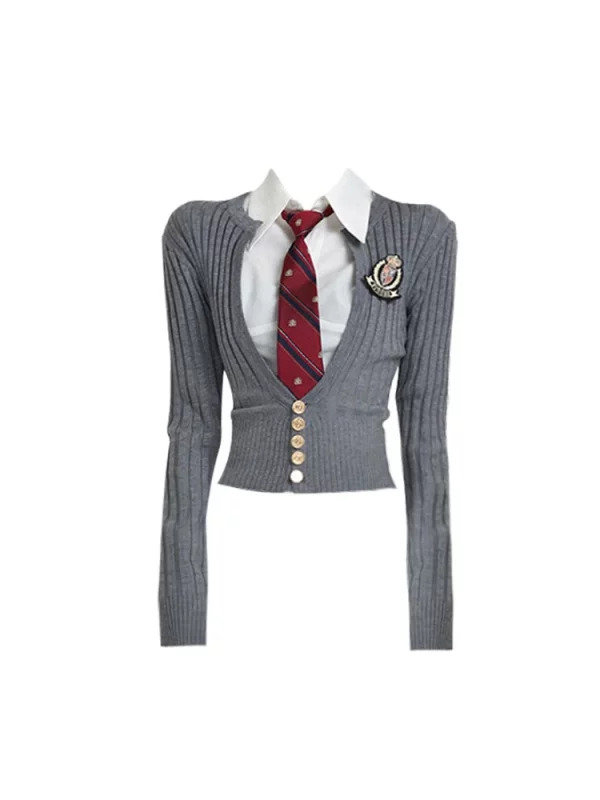 Y2K Aesthetic Two-Piece Set: Korean Fashion Blouse and Cardigan with Tie - Grunge, Retro,