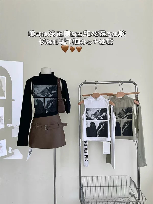 Y2K Aesthetic Two-Piece Set: Long Sleeve Graphic T-Shirt & Tank Top - Harajuku Chic Design