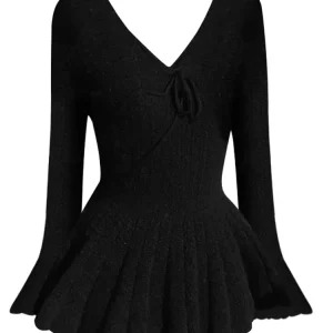 Y2K Aesthetic V-Neck Mini Dress - Korean Ballet Style Solid Color Knit One-Piece with Long Slee