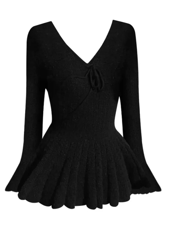 Y2K Aesthetic V-Neck Mini Dress - Korean Ballet Style Solid Color Knit One-Piece with Long Slee