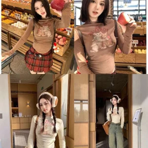 Y2K Aesthetic Vintage Crop Top - Autumn Women's Maillard Gyaru Graphic Long Sleeve T-Shirt