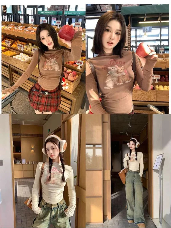 Y2K Aesthetic Vintage Crop Top - Autumn Women's Maillard Gyaru Graphic Long Sleeve T-Shirt