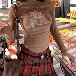 Y2K Aesthetic Vintage Crop Top - Autumn Women's Maillard Gyaru Graphic Long Sleeve T-Shirt