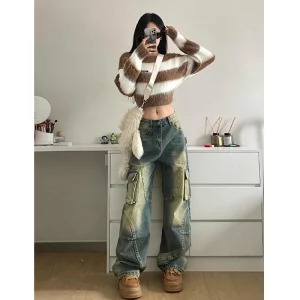 Y2K Aesthetic Vintage Denim Cargo Pants - Grunge Cyber Punk Streetwear