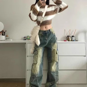 Y2K Aesthetic Vintage Denim Cargo Pants - Grunge Cyber Punk Streetwear