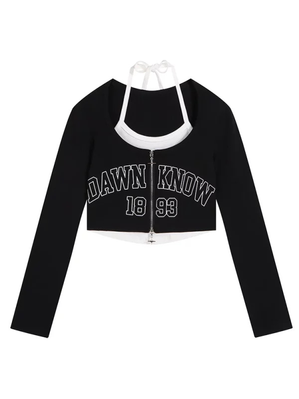 Y2K Aesthetic Vintage Graphic Zip-Up Crop Top - Retro 90s Style Fake Two-Piece Long Sleeve Shirt for