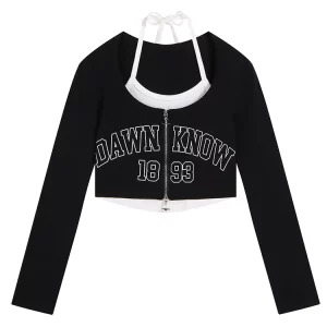 Y2K Aesthetic Vintage Graphic Zip-Up Crop Top - Retro 90s Style Fake Two-Piece Long Sleeve Shirt for