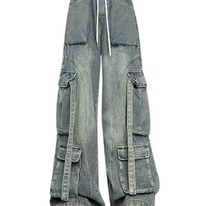 Y2K Aesthetic Vintage Hip-Pop Baggy Wide Leg Cargo Denim Pants - Japanese Fashion Jeans