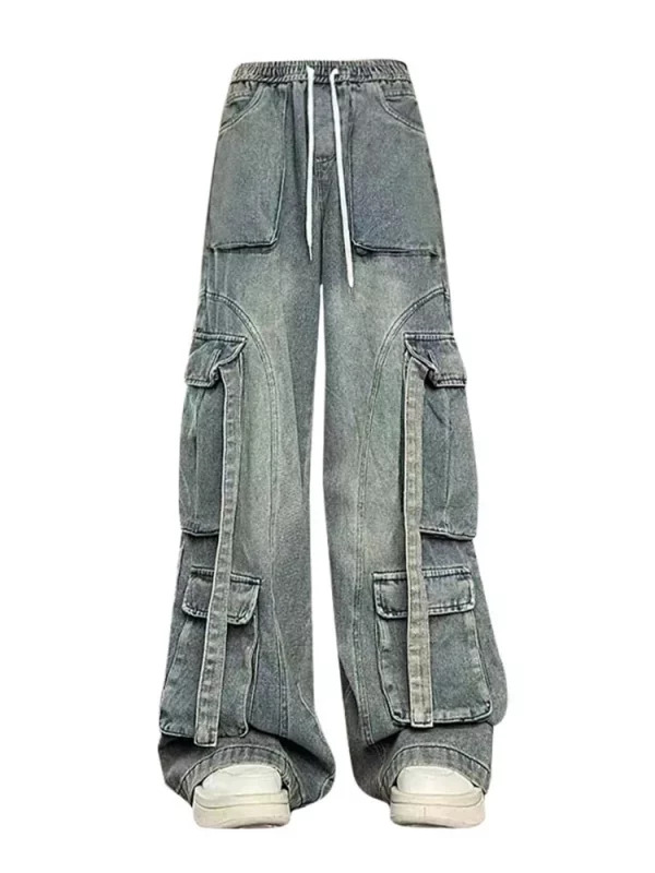 Y2K Aesthetic Vintage Hip-Pop Baggy Wide Leg Cargo Denim Pants - Japanese Fashion Jeans