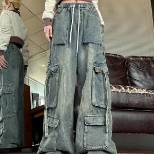 Y2K Aesthetic Vintage Hip-Pop Baggy Wide Leg Cargo Denim Pants - Japanese Fashion Jeans