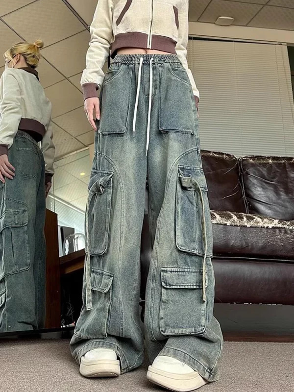 Y2K Aesthetic Vintage Hip-Pop Baggy Wide Leg Cargo Denim Pants - Japanese Fashion Jeans