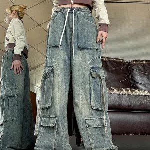 Y2K Aesthetic Vintage Hip-Pop Baggy Wide Leg Cargo Denim Pants - Japanese Fashion Jeans