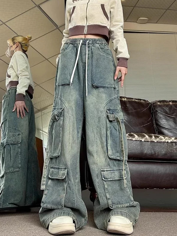 Y2K Aesthetic Vintage Hip-Pop Baggy Wide Leg Cargo Denim Pants - Japanese Fashion Jeans