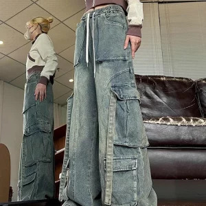 Y2K Aesthetic Vintage Hip-Pop Baggy Wide Leg Cargo Denim Pants - Japanese Fashion Jeans