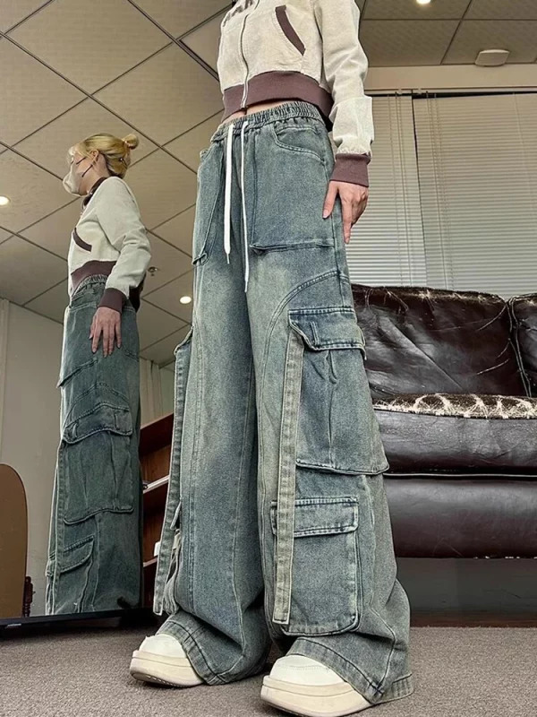 Y2K Aesthetic Vintage Hip-Pop Baggy Wide Leg Cargo Denim Pants - Japanese Fashion Jeans